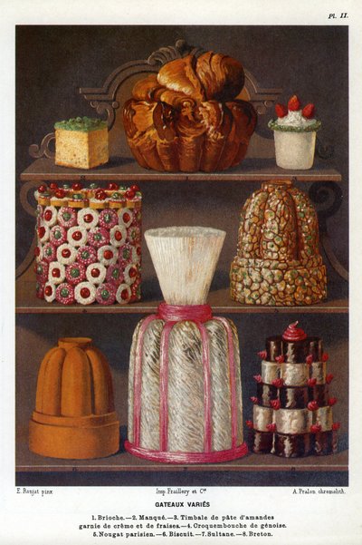 Verschiedene Kuchen: Brioche, Lack, Mandelpastete mit Sahne und Erdbeeren, Croquenbouche de Genoise, Pariser Nougat, Biskuit, Sultane, Breton - Tafel Nr. 2 aus dem Patisserie-Buch von Jules Gouffe, Offizier de bouche du Jockey-Club de Paris von Etienne (after) Ronjat
