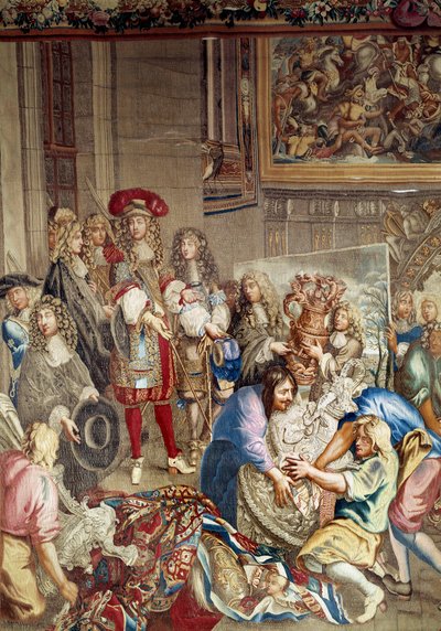Besuch von Ludwig XIV. in der Gobelins-Manufaktur in Anwesenheit von Jean-Baptiste Colbert (im Profil, rechts vom König) und dem Maler Charles Lebrun, 15. Oktober von Etienne (studio of) Le Blond