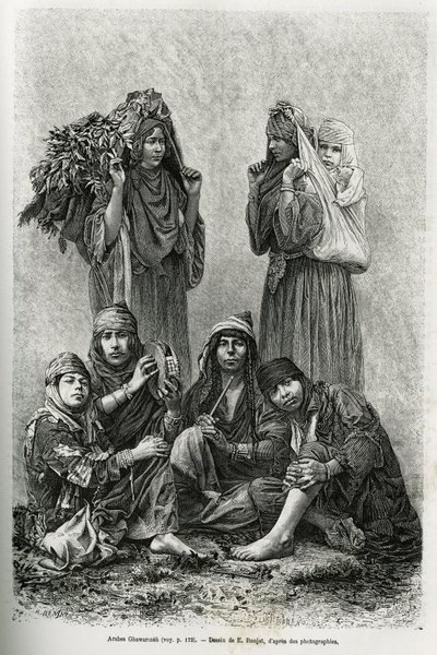 Araber Ghawarineh, Nomaden aus dem Becken des Toten Meeres. Gravur von E. Ronjat, zur Illustration der Geschichte von Syrien heute von M. Lortet, Dekan der Medizinischen Fakultät von Lyon, beauftragt mit einer wissenschaftlichen Mission durch das Ministeri von Etienne Antoine Eugene Ronjat