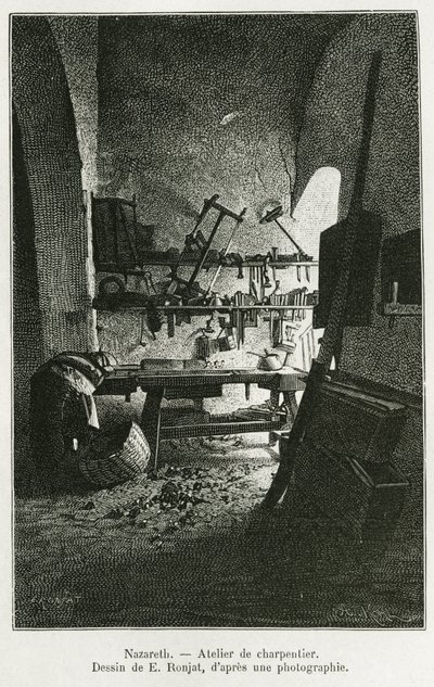Zimmermannswerkstatt in Nazareth. Gravur von E. Ronjat, um die Geschichte La Syria d