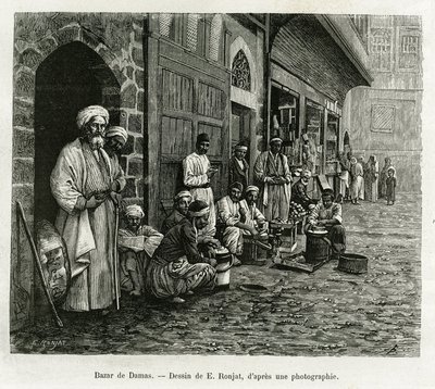 Basar von Damaskus. Gravur von E. Ronjat, zur Illustration der Geschichte La Syrie d