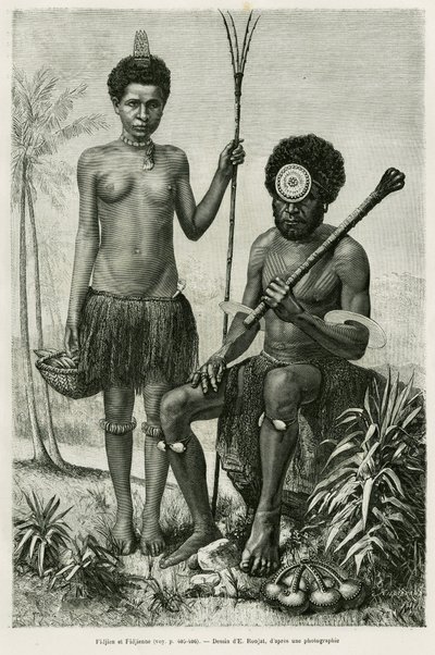 Fidschianisches Paar. Gravur von E. Ronjat zur Illustration der Geschichte „Promenades en Océanie“, von Aylic Marin, in Le Tour du monde 1887, unter der Leitung von Edouard Charton (1807-1890). von Etienne Antoine Eugene Ronjat