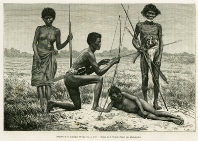 Negritos vom Yriga-Berg. Gravur von E. Ronjat zur Illustration der Geschichte „Lucon und Palaouan, sechs Jahre auf den Philippinen“ von Alfred Marche (1844-1898), veröffentlicht in Le Tour du monde 1886 von Etienne Antoine Eugene Ronjat