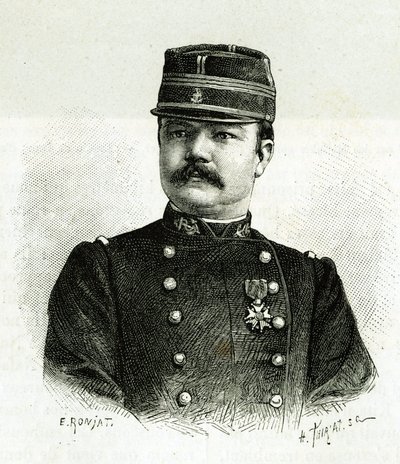 Porträt von Kapitän Valliere, der Marineinfanterie, während der Expedition nach Afrika unter dem Kommando von Gallieni. Gravur von E. Ronjat, nach einem Foto, zur Illustration der Geschichte „Erkundung des Oberen Niger (heutiges Mali)“ von Kommandant Galli von Etienne Antoine Eugene Ronjat