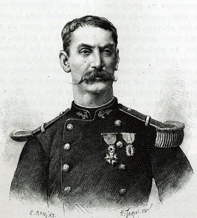 Porträt von Kommandant Joseph Gallieni während der Expedition in Afrika (1879-1882). Gravur von E. Ronjat nach einem Foto zur Illustration der Geschichte „Exploration du Haut Niger (Haut Niger)“ (heutiges Mali) von Kommandant Joseph Gallieni (1849-1916) von Etienne Antoine Eugene Ronjat