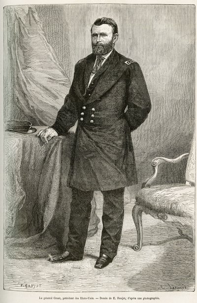 Porträt von Ulysses Grant (1822-1885), amerikanischer General, Führer der Unionstruppen während des Sezessionskrieges und 18. Präsident der Vereinigten Staaten (USA) für zwei Amtszeiten von 1869 bis 1877. Gravur nach der Zeichnung von E. Ronjat, zur Illust von Etienne Antoine Eugene Ronjat