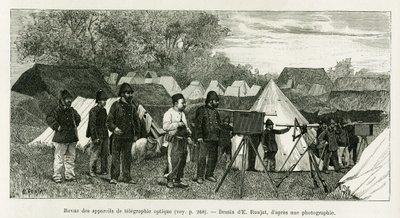 Überprüfung der optischen Telegrafie-Apparate. Gravur von E.Ronjat zur Illustration der Geschichte Trente mois au Tonkin von Etienne Antoine Eugene Ronjat