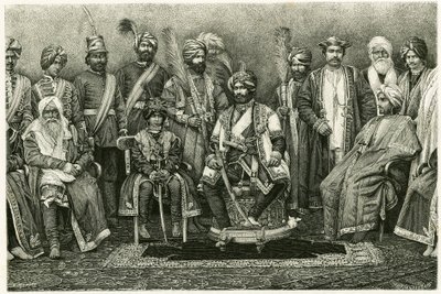 Der Maharadscha von Kaschmir, Rambhir Sing und sein Hof. Gravur von E. Ronjat, zur Illustration der Geschichte „Porträt einer Pariserin im westlichen Himalaya“, 1881, von Marie de Ujfalvy-Bourdon. Veröffentlicht in der Tour du monde, 2. Semester. von Etienne Antoine Eugene Ronjat