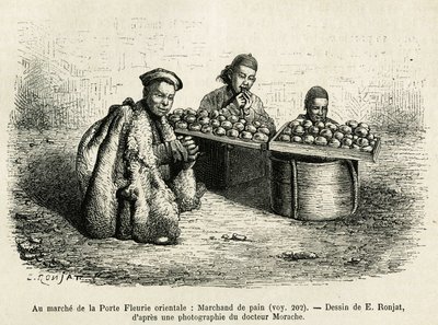 Der Brothändler am Fuß des Orientalischen Blumentors des Kaiserpalastes in Peking, eine aktuelle Szene des täglichen Lebens. Gravur nach der Zeichnung von E. Ronjat, um die Reise nach Peking und Nordchina von T. Choutze in 1873 zu illustrieren, veröffentli von Etienne Antoine Eugene Ronjat
