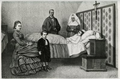Die Konsultation des Arztes im Logelbach-Hospiz. Gravur von E. Ronjat, zur Illustration der Geschichte „Durch Elsass und Lothringen“, 1884, von Charles Grad (1842-1890), deutscher Abgeordneter, Schriftsteller und Naturforscher. Veröffentlicht in Le Tour du von Etienne Antoine Eugene Ronjat