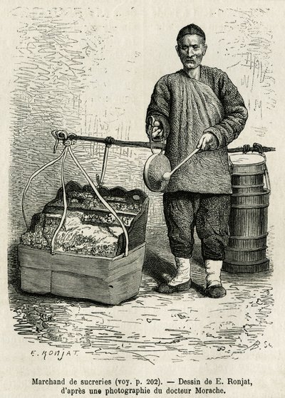 Der Zuckerhändler schlägt auf eine flache Trommel, um auf seine getrockneten Aprikosen, kandierten Äpfel und Karamell-Bonbons aufmerksam zu machen, während er das Orientalische Blumentor des Kaiserpalastes in Peking entlanggeht. Gravur nach der Zeichnung v von Etienne Antoine Eugene Ronjat