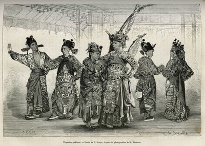 Tragödienschauspieler eines Pekinger Theaters, spezialisiert auf historische und mythologische Dramen. Gravur nach der Zeichnung von E. Ronjat, zur Illustration der Reise nach Peking und Nordchina, von T. Choutze, 1873, veröffentlicht in „Le tour du monde“ von Etienne Antoine Eugene Ronjat