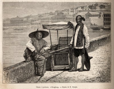 Zwei Träger ruhen sich neben ihrem Rollstuhl in Hongkong aus, Gravur nach einer Zeichnung von E. Ronjat zur Illustration der Reise nach China, von J. Thompson, 1870-1872, veröffentlicht in „Le tour du monde“ 1875, herausgegeben von Edouard Charton, Hachett von Etienne Antoine Eugene Ronjat