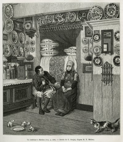 Ein Interieur in Marken (Niederlande), Gravur nach einer Zeichnung von E. Ronjat, zur Illustration der Geschichte der Niederlande von Charles de Coster, 1878, veröffentlicht in Le tour du monde, unter der Leitung von Edouard Charton von Etienne Antoine Eugene Ronjat