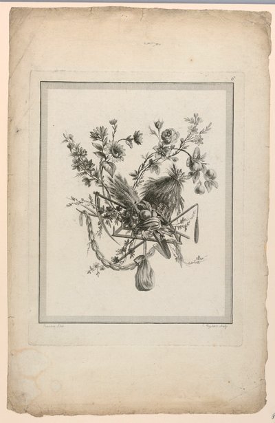 Trophäe mit Erntewerkzeugen, Platte 6 aus "Suite de différentes Attributs, Trophées, et Groupes de Fleurs," Suite II von Etienne Claude Voysard