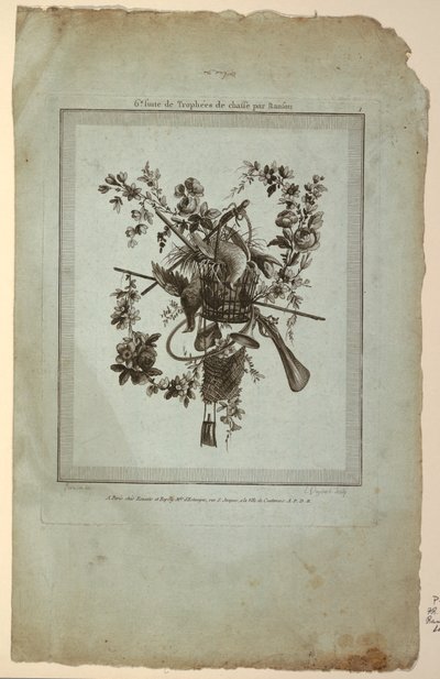 Trophäe mit Jagdgeräten, Platte 1 aus "Suite de Trophées de chasse," Suite VI von Etienne Claude Voysard