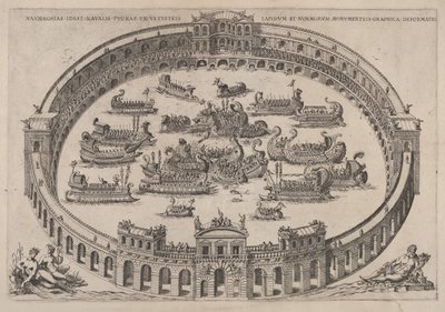 Seeschlacht in einem römischen Arena, mit dem Fluss Tiber und Nymphen unten links..., 1577-85 von Etienne Duperac