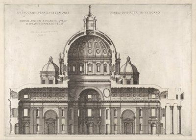 Speculum Romanae Magnificentiae: Längsschnitt zeigt das Innere von Sai... von Etienne Duperac