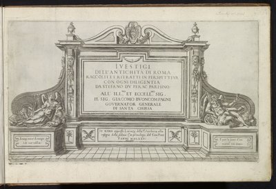 Titelblatt mit einem Denkmal mit Titel, flankiert von Ruhm und Vater Zeit von Etienne Duperac