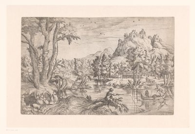Landschaft mit Fischer und Schloss auf Berggipfel von Etienne Dupérac (attributed to)