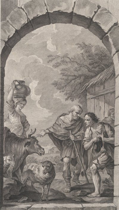 Die Kapelle der Enfants-Trouvés in Paris: Gruppe der Hirten vor einer Hütte, 1757 von Etienne Fessard