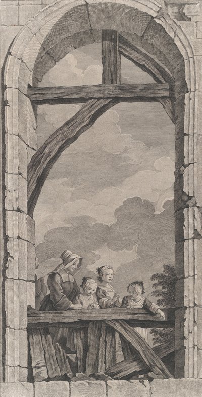 Die Kapelle der Enfants-Trouvés in Paris: Religieuse et petites filles regardant la crèche, 1756 von Etienne Fessard