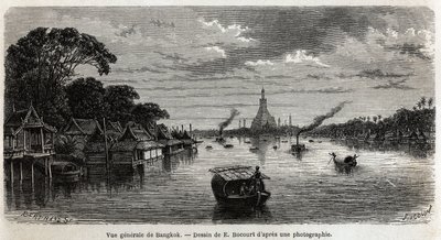 Gesamtansicht von Bangkok (Thailand), Zeichnung von E. Bocour, zur Illustration der Reise von Henri Mouhot zu den Königreichen Siam, Kambodscha und Laos von 1858 bis 1861. Gravur in „Le tour du monde“, herausgegeben von Edouard Charton von Etienne Gabriel Bocourt