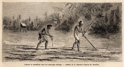 Pflügen und Säen unter den Wilden Stiengs, Bewohnern der Wälder von Kambodscha, Zeichnung von E. Bocour, zur Illustration von Henri Mouhots Reise durch die Königreiche Siam, Kambodscha und Laos von 1858 bis 1861. Gravur in "Le tour du monde" von Etienne Gabriel Bocourt