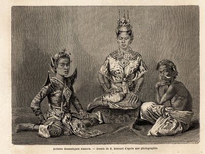 Siamesische dramatische Künstler, Zeichnung von E. Bocour, zur Illustration von Henri Mouhots Reise in die Königreiche Siam, Kambodscha und Laos von 1858 bis 1861. Gravur in „Le Tour du Monde“, herausgegeben von Edouard Charton von Etienne Gabriel Bocourt
