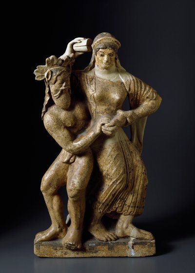 Etruskische Antike: Satyr und tanzende Mänade. Terrakottaskulptur aus einem Tempel der Mater Matuta in Satricum. 480 v. Chr. Rom, Museo Nazionale di Villa Giulia von Etruscan