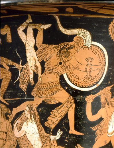 Glockenkrater, der die Zerstörung Trojas darstellt: Detail, das Neoptolem zeigt, wie er Astyanax, den Sohn von Hektor, über die Mauern wirft. Aus Falerii Veteres (Civita Castellana). 350-300 v. Chr. Rom, Museo Nazionale di Villa Giulia von Etruscan