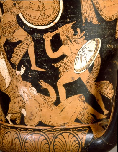 Etruskische Antiquität: Glockenkrater, der die Zerstörung Trojas darstellt: Detail, das Priamos zeigt, der von Neoptolem getötet wird. Aus Falerii Veteres (Civita Castellana). 350-300 v. Chr. Rom, Museo Nazionale di Villa Giulia von Etruscan