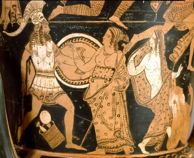Etruskische Antike: Glockenkrater, der die Zerstörung Trojas darstellt: Detail zeigt Menelaos gegenüber Aphrodite, Helena ist rechts dargestellt. Aus Falerii Veteres (Civita Castellana). 350-300 v. Chr. Rom, Museo Nazionale di Villa Giulia von Etruscan