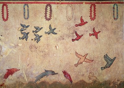 Wasservögel und springende Delfine, aus dem Grab der Jagd und Fischerei (um 520-510 v. Chr.) von Etruscan