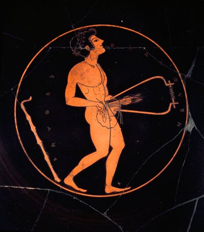 Etruskische Kunst: Kylix aus schwarzer Terrakotta, dekoriert mit der Darstellung eines Leierspielers. Aus dem Grab der griechischen Vasen. Nekropole von Banditaccia. Cerveteri. 6. oder 5. Jahrhundert v. Chr. Rom, Museo Nazionale di Villa Giulia von Etruscan