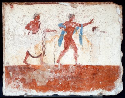 Etruskische Kunst: Ein junger Ephebe, ein Musiker und ein Zeremonienmeister. Fresko des Grabes des „Tauchers“. Aus dem südlichen Friedhof von Paestum. 480-470 v. Chr. Museo Archeologico Nazionale, Paestum von Etruscan