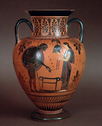 Etruskische Zivilisation: Terrakotta-Hydria, die Thetis zeigt, wie sie ihrem Sohn Achilles Waffen übergibt, 550-500 v. Chr. Aus Cerveteri, Italien von Etruscan
