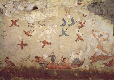 Fischer in einem Boot und fliegende Vögel, aus dem Grab des Fischens und Jagens, ca. 520-510 v. Chr. von Etruscan