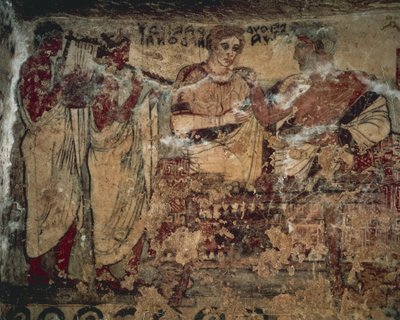 Fresko, das ein Begräbnisbankett von Velthur Velcha mit seiner Frau Ravnthu Aprthnei zeigt, unterhalten von zwei Musikern von Etruscan