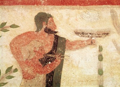 Kopf eines Mannes und eines Kindes, die eine Doppelflöte spielen, aus dem Grab des Barons, um 500 v. Chr. Wandmalerei (Detail) von Etruscan