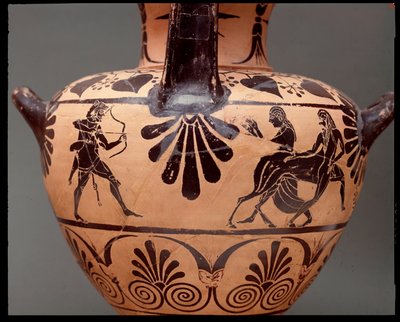 Hydria mit Darstellung von Herkules, der einen Pfeil auf den Zentauren Nessus schießt, Deianira ist die zweite von rechts, Terrakotta, 450-400 v. Chr. von Etruscan