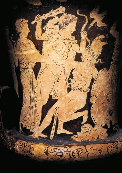 Perugia, Rotfiguriger Kelchkrater (Vase zum Mischen von Wein und Wasser) mit Herakles, der eine Amazone schlägt, gemalt von der Vulci-Schule, 330/300 v. Chr. von Etruscan