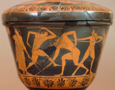 Pyxis mit Athleten im Gymnasium. Rotfigurige Keramik aus Cerveteri (Latium). Etruskische Zivilisation, 4. Jahrhundert v. Chr. von Etruscan