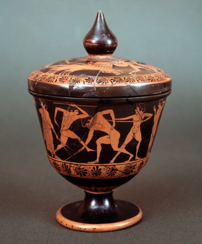 Pyxis mit Darstellung einer Szene aus der Palaestra, Terrakotta, 520-500 v. Chr. von Etruscan