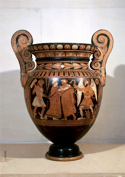 Rotfigurige Keramik, Volutenkrater, der Alkestis zeigt, wie sie A.D.metus umarmt und die Inschrift der Namen, von Alkestis-Maler von Etruscan