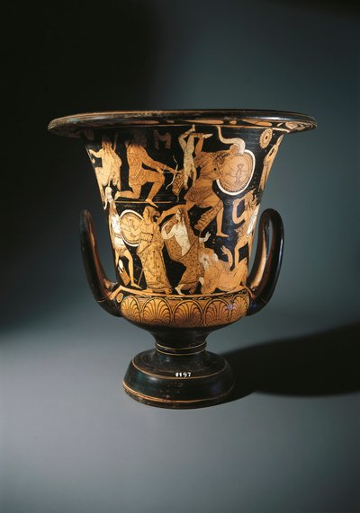 Rotfigurige Keramik, Kelchkrater, der Neoptolemus, Astyanax, Helena von Troja und Priamos am Boden darstellt, vom Nazzano-Maler, aus Civita Castellana von Etruscan