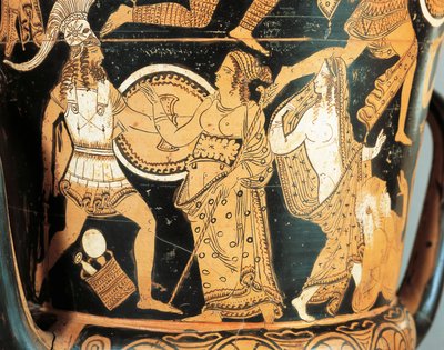 Rotfigurige Keramik, Detail eines Kraters, der Menelaos zeigt, der Aphrodite gegenübersteht, als er Helena erreicht, aus Civita Castellana, antikes Falerii, Provinz Rom, Italien von Etruscan