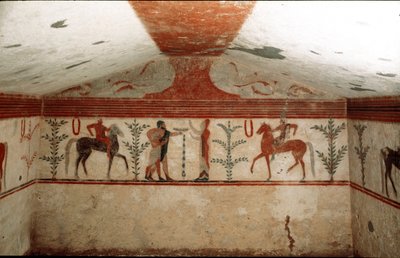 Zwei Reiter, eine Frau und ein bärtiger Mann, der einen Becher präsentiert (Detail) von Etruscan