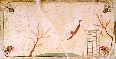 Taucher, ca. 480-490 v. Chr., dekoratives Fresko von der Deckplatte des Grabes des Tauchers in Paestum, Kampanien, Italien, 5. Jahrhundert v. Chr. von Etruscan