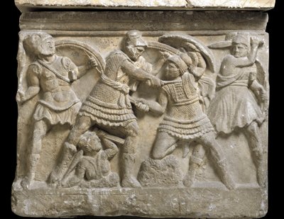 Etruskische Kunst: „Eteokles und Polyneikes“ die beiden Brüder, Söhne des Ödipus, Basrelief eines Sarkophags von Chiusi, 3. Jahrhundert v. Chr. - Palermo, Museo Archeologico Nazionale - Duell zwischen den Brüdern Eteokles und Polyneikes, Söhne des Ödipus - von Etruscan Etruscan